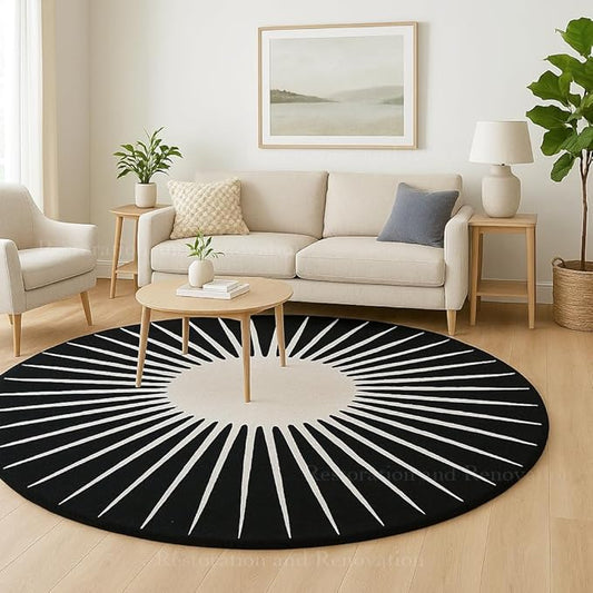 Modern Round Area Rug – Hand-Tufted with 100% NZ Wool, Thick & Soft Circular Carpet for Living Room, Bedroom & Dining Room Decor (Black, 4' Round)