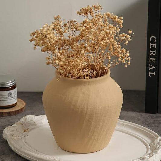 Farmhouse Ceramic Vase - Yellow Rustic Vintage Flower Vase for Home, Living Room, Shelf and Dining Table Decor-6.1IN.