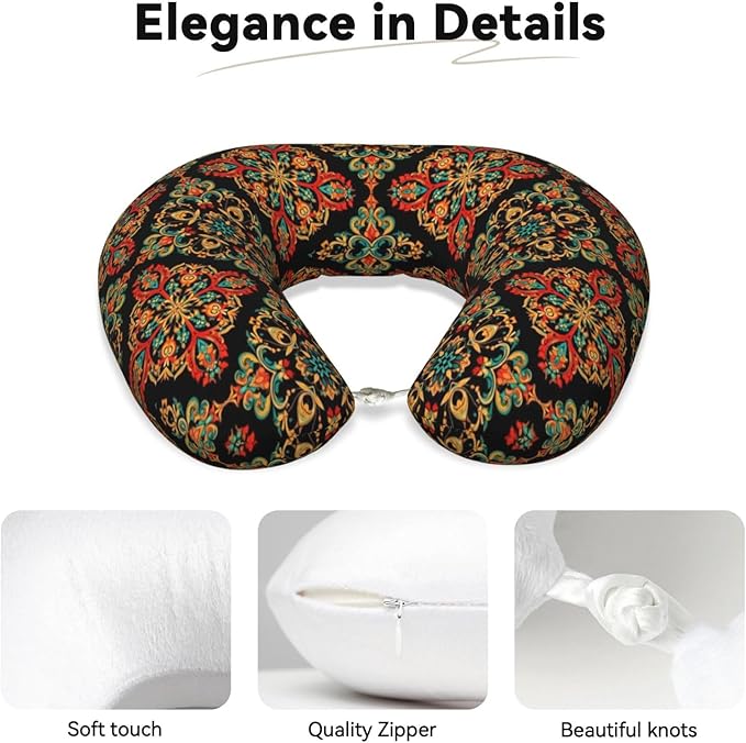 Support Neck Pillow for Youth Travel, Washable Airplane Chin Supporting and Relax U Shaped Pillows Paisley Bandana Print Cool Red Black