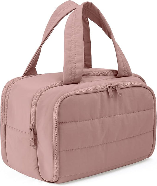 Travel Toiletry Bag for Women, Large Wide-open Puffy Cosmetic Makeup Bag with Wet-Dry Separation, Multi-Pocket Organizer with Carry Handle for Toiletries, Cosmetics, Essentials, Dark Pink