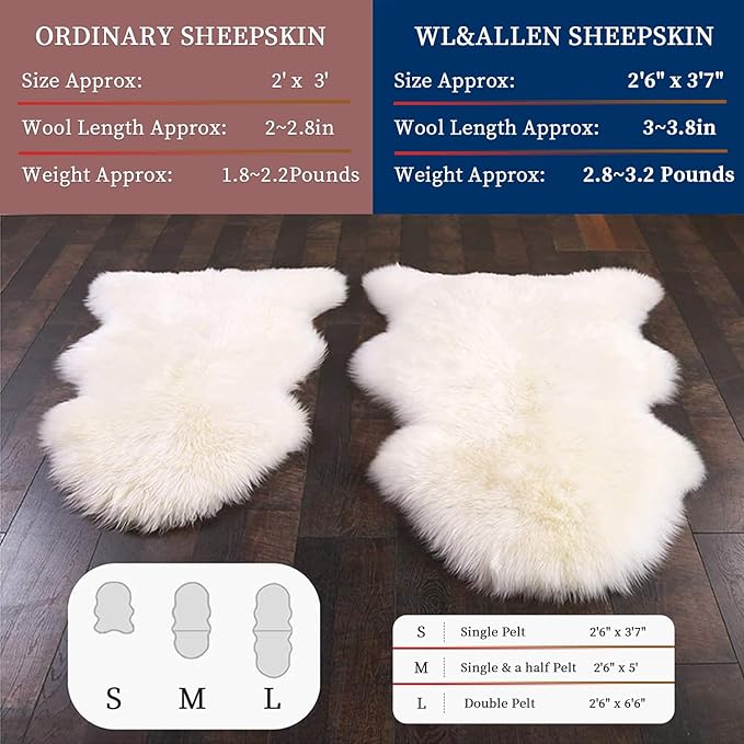 WL&ALLEN Large Sheepskin Rug Genuine Thick and Lush 3 Inch Pile，Luxury Australian Pelts |Large Sheepskin Wool Area Rugs (Single & a Half Pelt 2'6" x 5‘，Light Brown)…