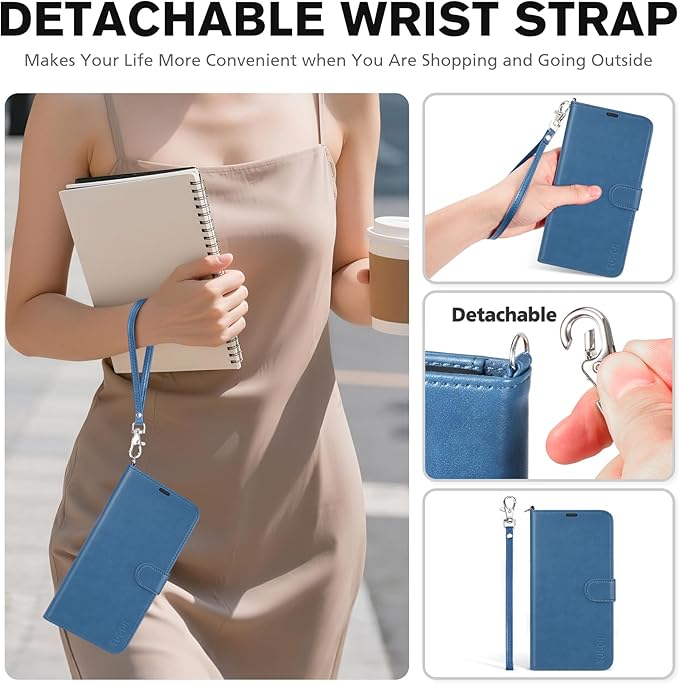 TUCCH Wallet Case for iPhone 17 Pro (6.3-Inch) 2025, Wrist Strap | RFID Blocking 4 Card Holders | Stand | Shockproof TPU Shell | PU Leather | Magnetic | Protective Flip Cover | Light Blue