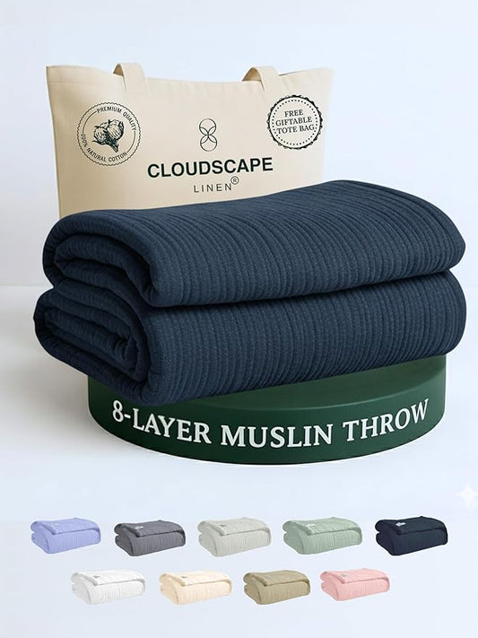 Cloud Scape Linen Extra Large 8 Layer Muslin Throw Blanket - 100% Cotton Gauze, Soft and Breathable, Winter Blanket for Couch, Sofa and Bed, Idea, 50x70, Ensign Blue