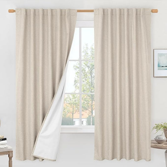 LAMIT 100% Blackout Natural Linen Curtains, 72 Inches Linen Textured Thermal Bedroom Curtains Back Tab and Rod Pocket Neutral Panels with White Liner for Farmhouse, 2 Panels, 52 x 72 Inch, Oatmeal