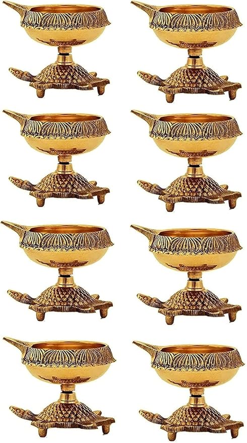 SATVIK 10 Pc Brass Kuber Turtle Diya for Diwali Decoration Handmade Oil Lamp with Golden Engraved Virgin Brass Metal Diwali Diya Vilakku for Puja Pooja Indian Deepawali Gift Items