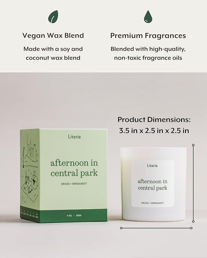 Literie NYC Inspired Scented Candle: Afternoon in Central Park - Grass & Bergamot Scent, 9oz, 50 Hour Burn, Vegan Soy & Coconut Blend Candle for Home Decor, Gift for Women & Men