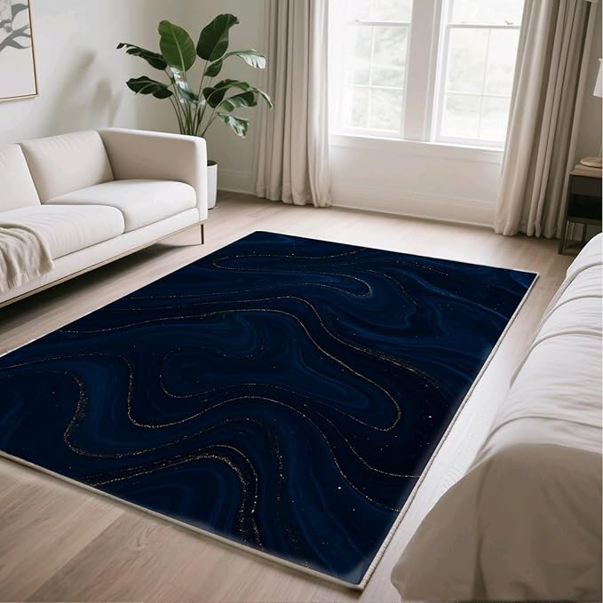 Luxury Marble Rug - 3x4 Rug, Navy Blue Marble Outdoor Rugs, Modern Abstract Entryway Rugs, Washable & Non Slip Carpet Home Decor