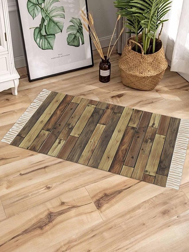 Brown Entryway Rug 2X3 Ft Bathroom Mat, Washable Woven Vintage Country Wooden Grain Throw Carpet with Tassel, Non-Shedding Farmhouse Cabin Retro Plank Stitching Art Indoor Outdoor Kitchen Doormats