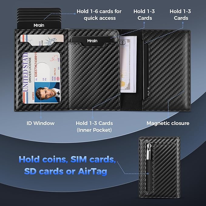Mrain Mens Slim Minimalist Wallet Card Holder with Coin Pocket, Cash Slot, Magnetic Closure, Pop Up Aluminum Case, ID Window, Leather Wallet, RFID Blocking, 9-13 Card Capacity (Carbon Black)