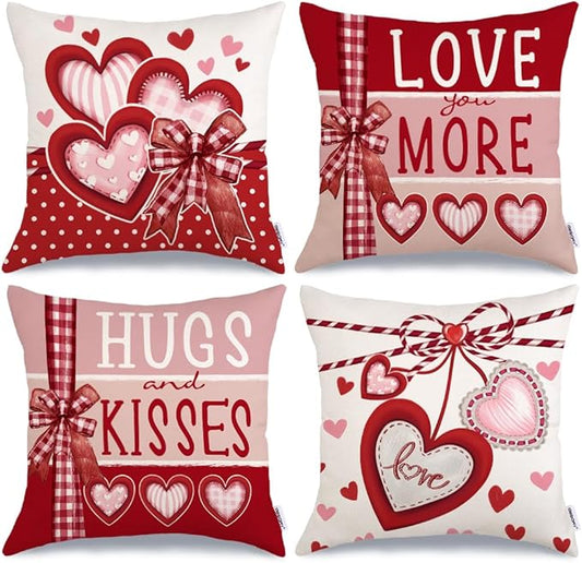 GEEORY Valentine's Day Love You More Hugs and Kisses Throw Pillow Covers 18x18 Inch Set of 4, Red Hearts Stripes Decorative Farmhouse Wedding Cushion Case for Home Decoration G650-18