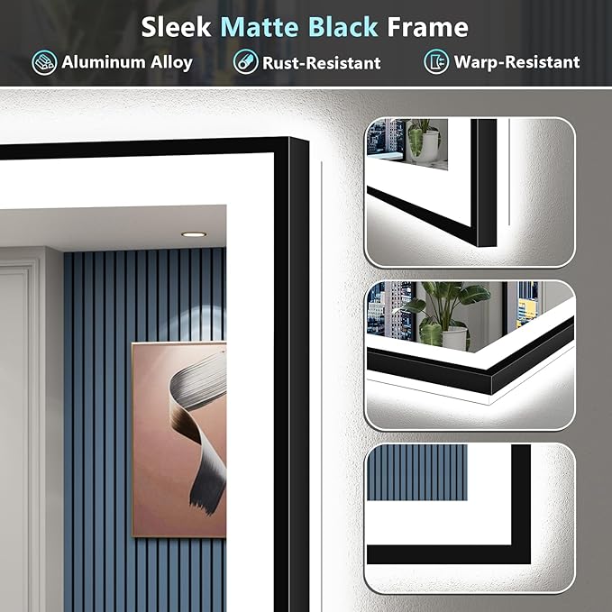 57x36 Black Framed LED Bathroom Mirror with Lights, Backlit + Front Lit, Anti-Fog Lighted Vanity Mirror for Bathroom Wall with 3 Colors, Dimmable, Memory, Shatter-Proof, HD Tempered Glass