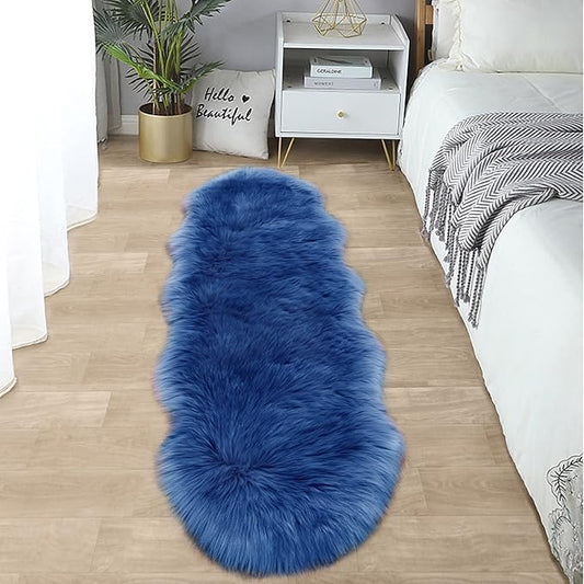 SERISSA Ultra Soft Fluffy Rug Dark Blue Faux Sheepskin Fur Rug Shaggy Couch Cover Furry Carpet for Kids Room Bedroom Living Room Runner, 2x6 Feet (Sheepskin Shape,Dark Blue)
