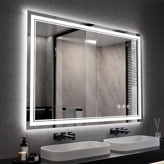 Bathroom Mirror, 44x30 Inch Gradient Front and Backlit Smart Mirror, 3 Colors Dimmable CRI>90 Double Lights, IP54 Enhanced Anti-Fog, Hanging Plates Wall Mount LED Mirror