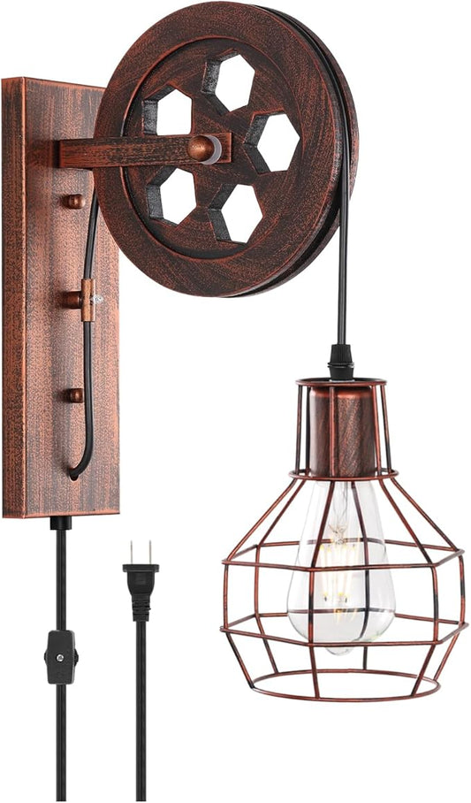 Plug in Wall Sconce Rustic Wall Light Lift Pulley Matte Iron Cage Shade Industrial Mid Century Wall Lamp Indoor Lighting Barn Restaurant Wine Cellar(Rust Color)