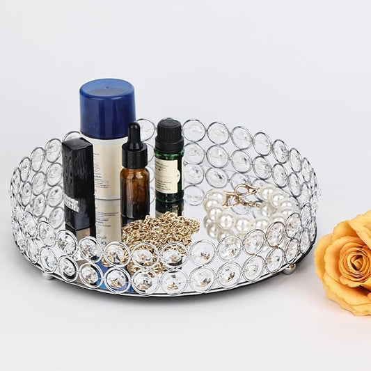 Elegant Silver Crystal Mirror Perfume Tray for Vanity, Coffee Table, and Home Decor - Small Glass Tray for Jewelry, Perfume, and Decorative Items - Bandeja para Perfumes, Perfume Trays for Dresser