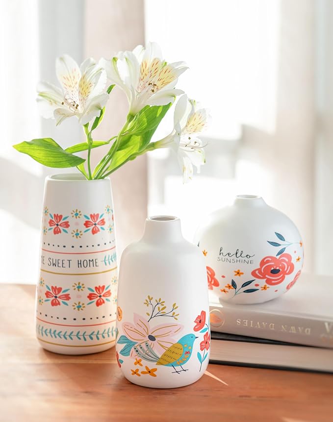 Karma, White Medium Bud Ceramic Flower Vases for Rustic Home Decor, Mini Vases for Modern Farmhouse Decor, Living Room, Mantel and Entryway Decor, Better Place
