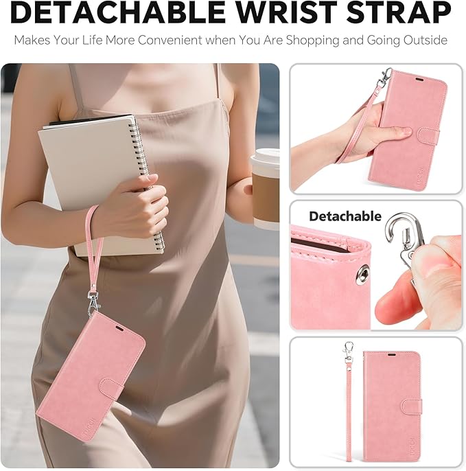 TUCCH 2-in-1 Detachable Wallet Case for iPhone 17 (6.3-inch) 2025, RFID Blocking 4 Card Slots, Wireless Charging, Wrist Strap, Kickstand, Magnetic, PU Leather, Protective Flip Cover, Rose Gold