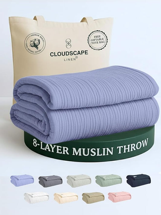 Cloud Scape Linen Extra Large 8 Layer Muslin Throw Blanket - 100% Cotton Gauze, Soft and Breathable, Winter Blanket for Couch, Sofa and Bed, Idea, 50x70, Lavender Blue