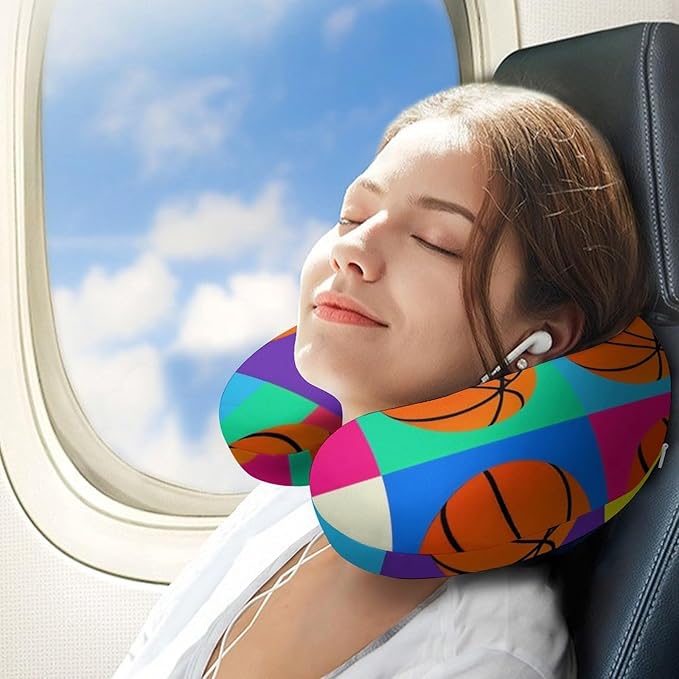 Soft Polyester Travel Neck Pillow, Basketball Pattern Colorful Checkered Checkerboard U-Shaped, Cervical Support Compact for Bus Airplane Rest, Machine Washable Breathable Design