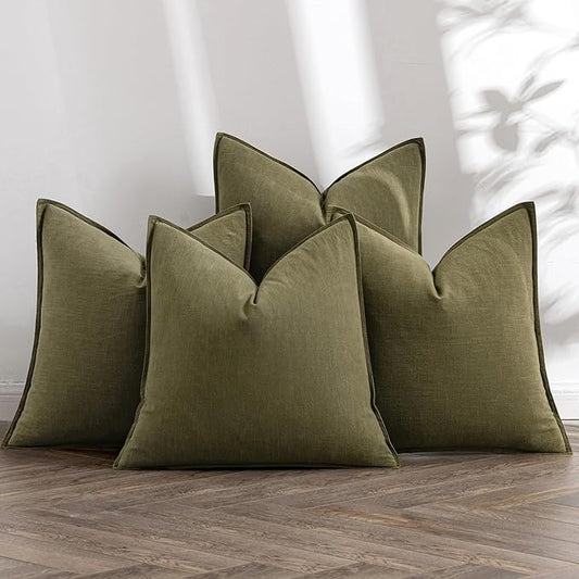MIULEE Olive Green Linen Pillow Covers Pack of 4 Decorative Natural Solid Throw Pillow Covers Soft Accent Boho Farmhouse Couch Pillowcases Modern Spring Decors for Living Room Bed Sofa 20x20 Inch