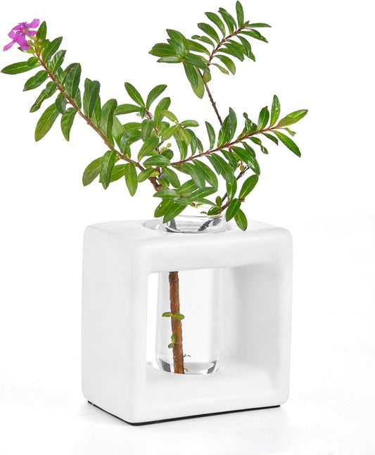 ORGJ Ceramic Propagation Station - 2-in-1 Water Propagation Vase & Aroma Diffuser for Plants, Geometric Propagation Tubes with Plant Rooting Containers, Modern White Decor