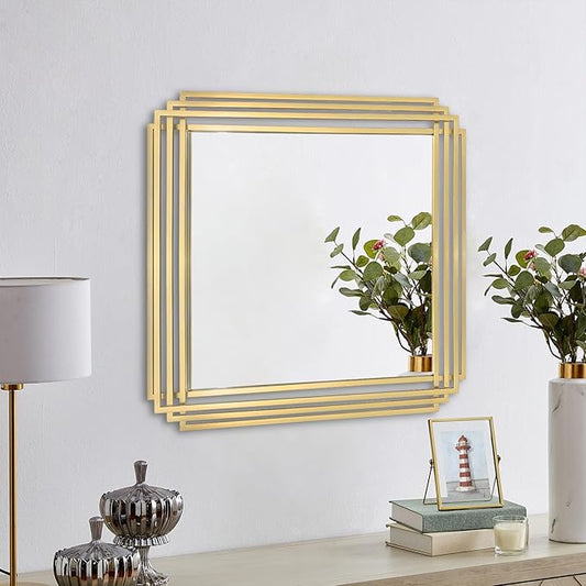 Gold Square Mirrors, 24"x24" Geometric Art Deco Mirror with Metal Frame, Bathroom Vanity Mirrors for Over Sink, Modern Elegant Wall Mirrors for Living Room Bedroom Entryway Fireplace