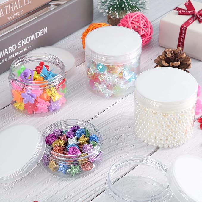 SATINIOR 12 Pack 2 oz Plastic Container Jars with Lids Round Clear Travel Cosmetic Container Slime Jars for Toiletries, Lotion, Cream, Ointments, Makeup, Rhinestone, Samples, Kitchen Storage(Clear)