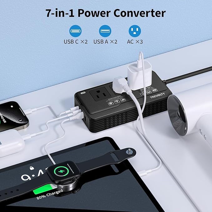 2000W Voltage Converter US to Europe for Hair Dryers, 7-in-1 220V to 110V Converter for European Travel with 3 AC/2 USBA/2 USBC Ports, Universal Power Converter Adapter Combo with EU/UK/IT/AU Plugs