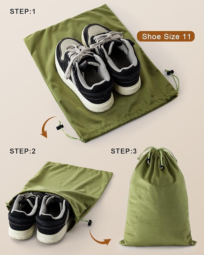 FantasyLife Shoe Bags for Travel, Washable Dust Bags for Storage & Packing, Flannel Shoe Pouch with Drawstring Closure for Purses, Handbags, Shoes & Toys (4, Sage Green)
