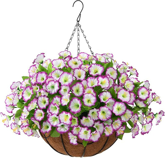 Homsunny Artificial Hanging Flowers in Basket,12 inch Silk Flower Coconut Lining Hanging Baskets,Fake Hanging Plants in for Outdoors Indoors Courtyard Decor(Light Purple)