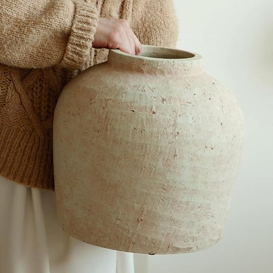Large Ceramic Vase, 11" Rustic Farmhouse Terracotta Vase for Home Decor, Handicraft Decorative Flower Vase for Living Room, Table Centerpiece, Bedroom (Rustic Beige)