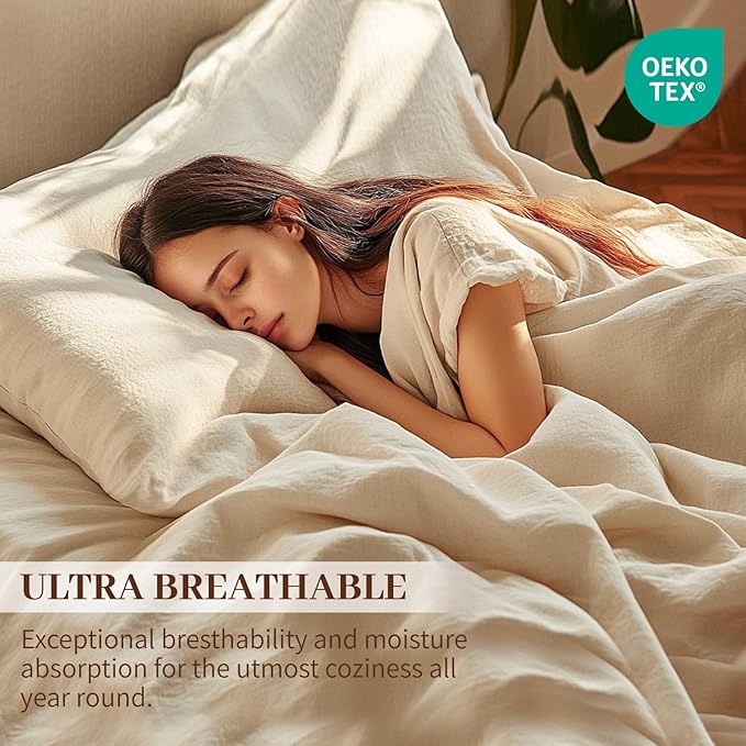 MEISHANG 100% French Pure Linen Sheets Queen Size - Bed Sheets 4 Piece Sets, Soft Durable Flax Linen, Anti-Tear Breathable Oeko-Tex Certified with 16" Deep Pocket (Linen)