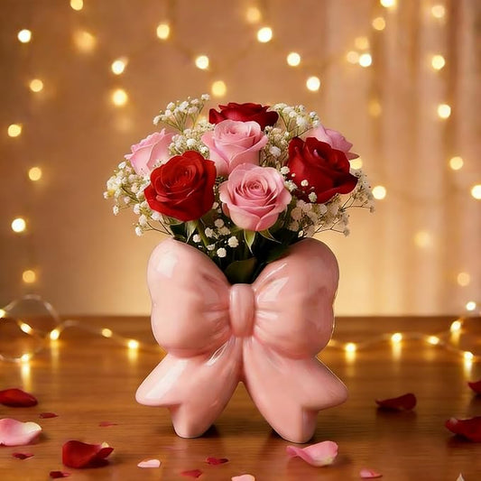 Pink Bow Vase, Pink Flower Vase for Home Decor, Coquette Ceramic Vase for Boho Style, Ceramic Vase for Ideal Shelf Decor/Table/Living Room.
