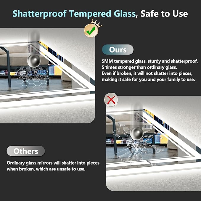 28x36 LED Bathroom Mirror with Lights, Backlit and Front Lit, Anti-Fog Lighted Vanity Mirrors for Bathroom Wall, Dimmable, 3-Color Light, Memory, Shatter-Proof, HD Tempered Glass, CRI＞90