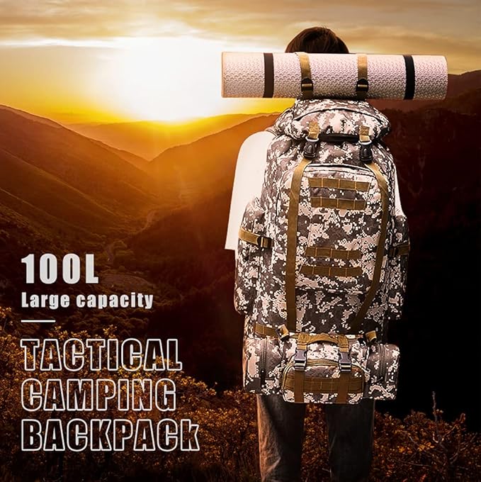 HongXingHai 100L Camping Hiking Backpack,Molle military Tactical rucksack backpack,Waterproof Lightweight Hiking Backpack (Khaki-C)