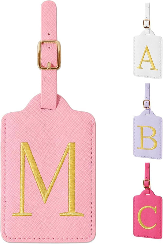 Personalized Initial Luggage Tags for Suitcase, Pink Leather Cute Luggage Tags with Privacy Cover Name Card, Embroidered Custom Monogrammed Luggage Tag Travel Bag Baggage Tags Gifts for Women Kids(M)