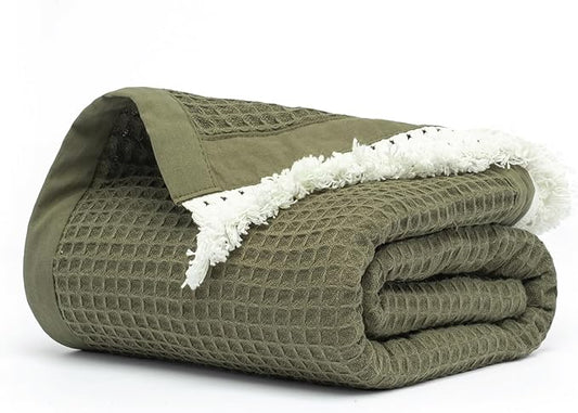 Salt Earth GOTS Certified 100% Organic Cotton Throw Blanket, 55"x60" Waffle Blankets & Throws for Bed, Throw Blanket for Couch, Cozy Christmas Blankets and Throws for Christmas Gifts (Ivy Green)