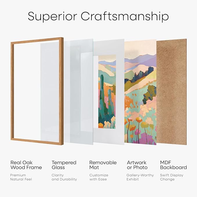 Homeforia 6x9 Picture Frame Natural Wood, High End Oak 6x9 Light Wooden Frames with Mat 4x6 for Photo, 6 x 9 Frame Matted to 4 x 6 Print, 9x6 Wall or Tabletop Frame, Tempered Glass, Wall Kit, Set of 1