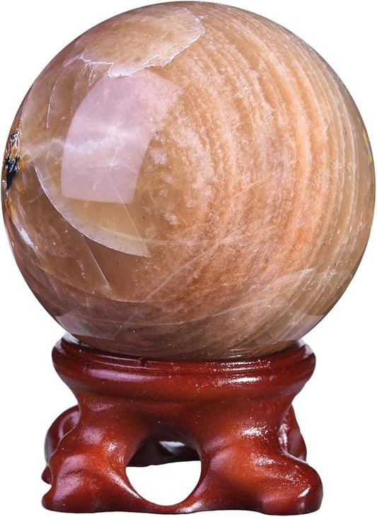 SUNYIK Natural Orange Moonstone Ball Sphere with Resin Stand Polished Crystal Sphere Stone Figurine Decor for Home Office Tabletop, 2-2.3"(51-60mm)