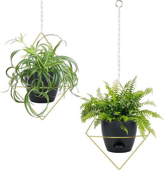 Hanging Planters for Indoor Plants, 2 Set Self Watering Hanging Flower Pots, Modern Hanging Plant Baskets with Metal Plant Holder & 6.5 Inch Plastic Pots for Garden Home Decor (Gold Frame Black Pot)
