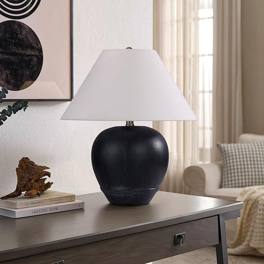 Pia Ricco 21'' Medium Size Black Glossy Ceramic Base Ceramic Basin Table Lamp for Bedroom, Living Room, Dining Room, Office, White Shade,Black Base