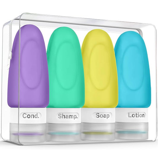 Dot&Dot Leak Proof Toiletry Bottles - 4 Pack Silicone Travel Bottles - Shampoo & Conditioner Bottles with TSA Quart Bag - 1 oz Travel Size