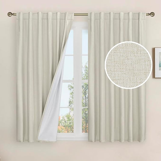 LAMIT 100% Blackout Linen Curtains 45 Inch Length for Bedroom, Linen Textured Thermal Kitchen Curtains Back Tab and Rod Pocket Window Panels with White Liner, 2 Panels, 52 x 45 Inch, Stone
