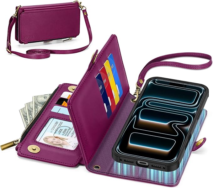 TUCCH Crossbody Detachable Wallet Case for iPhone 17 Pro Max 6.9", 10 Card Holders RFID Blocking, Wireless Charging, Stand Wrist Strap, Lanyard, Zipper Pocket, PU Leather Shockproof Cover, Plum Purple