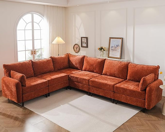 Modular Sectional Sofa with Seats Storage, Oversized L Shaped Couch,6-Seaters Comfy Couches for Living Room,Cloud Couches with Deep Seat,Chenille,Orange