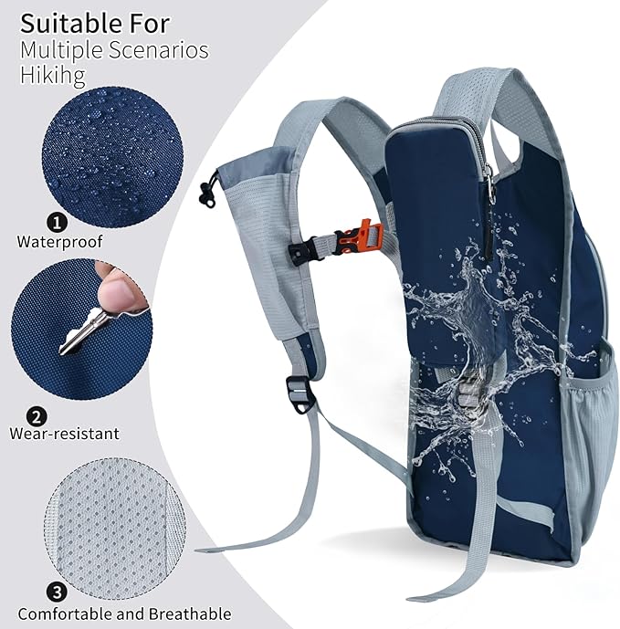 HIGH EXPERIENCE Hiking Backpack 10L/15L Small Daypack Lightweight Packable Travel Foldable Water Resistan for Women Men (Navy Blue, 15L)
