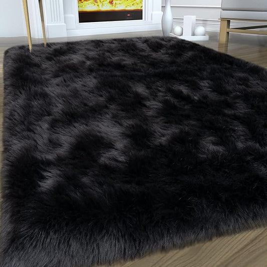 Black Faux Fur Rug for Bedroom 3'x5' Soft Shag Fuzzy Rugs for Living Room, Furry Bedside Nursery Rug Plush Indoor Floor Carpet for Kids Room Teen Dorm