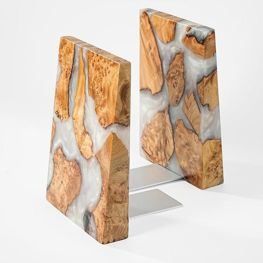 Resin Bookends Large Heavy Duty Bookends for Shelves, Unique Burl Wood Figure Book Ends for Study Office, Fancy Modern Decorative Book Supports for Bookshelf Organization (Pearlescent White)