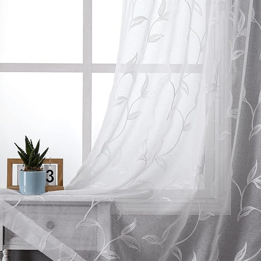 VISIONTEX White Sheer Curtains 63 Inch Length 2 Panels Set Embroidered Floral Leaf Pattern Rod Pocket Semi Sheer Voile Window Curtains/Drapes for Bedroom Living Room 54 x 63 Inches