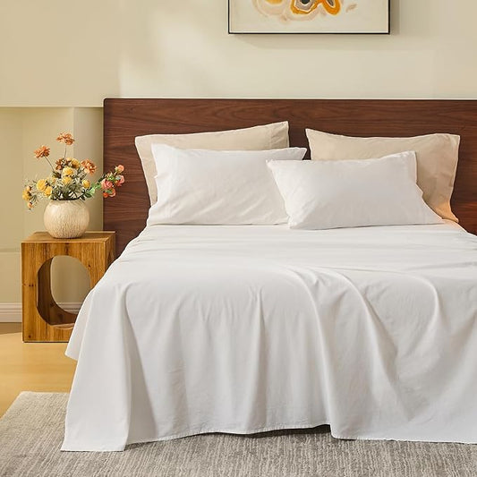 MEISHANG 100% French Pure Linen Sheets California King - Bed Sheets 4 Piece Sets, Soft Durable Flax Linen, Anti-Tear Breathable Oeko-Tex Certified with 16" Deep Pocket (White)